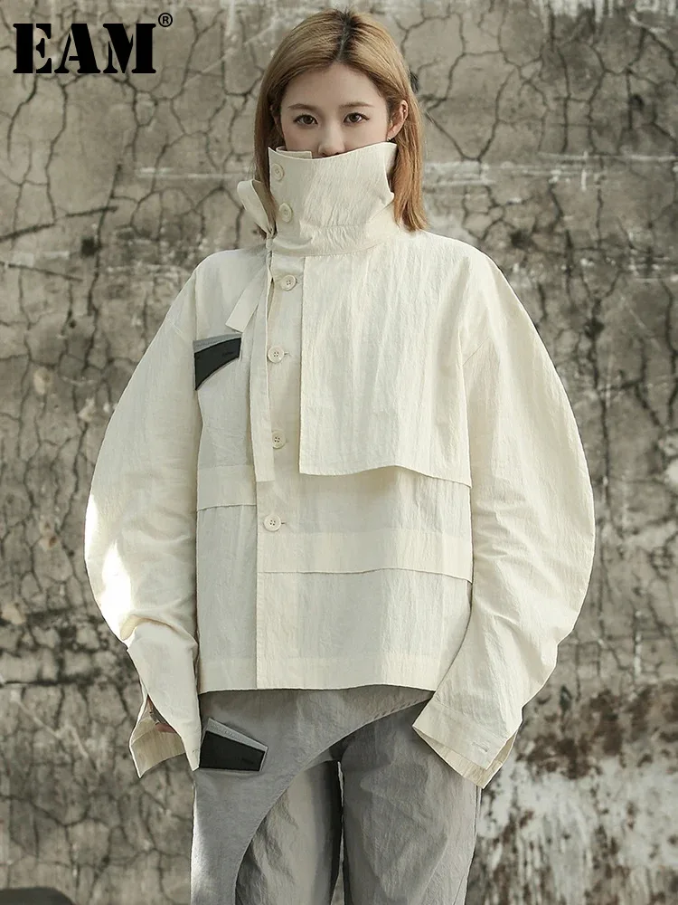 

Женская Асимметричная куртка EAM, бежевое Свободное пальто с воротником-стойкой и длинным рукавом, весна-осень 2024