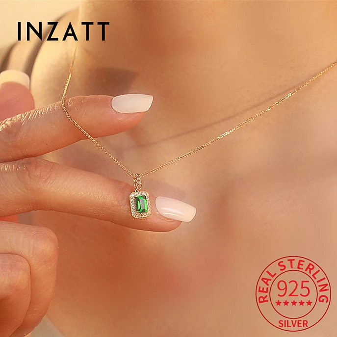 

INZATT Real 925 Sterling Silver Emerald Zircon Square 18K Choker Necklace for Women Classic Fine Jewelry Minimalist Accessories