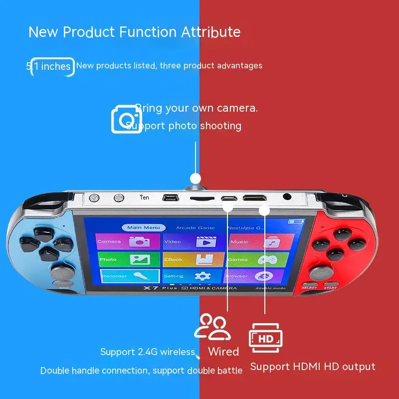

8g Memory Dual Arcade Psp Game Console 5.1 Inch High-definition Large Screen X7 Plus Dual Version Handheld Game Console
