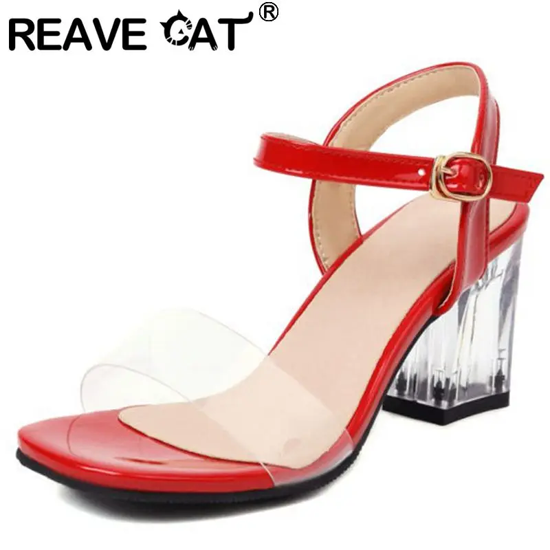 

REAVE CAT New Women Sandals Peep Toe Clear Chunky Heels Buckle Strap Sexy Female Shoes Large Size 32-48 Red Black Concise S3723