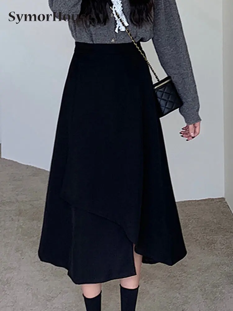 

Юбка асимметричная женская с высокой талией, элегантная винтажная офисная юбка-трапеция с эластичным поясом, повседневная с разрезом, весна-лето-осень