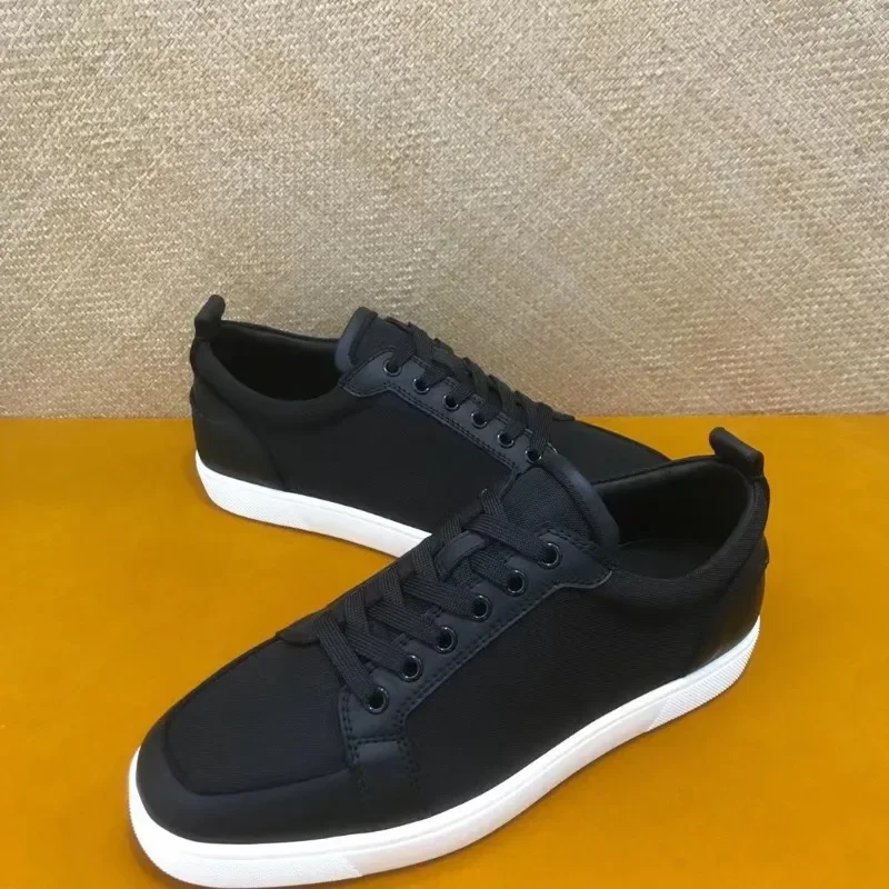 

Luxury Low Top Red Bottom Shoes For Men Black Cowhide Fabric Women Casual Flats Loafers Sneaker Wedding No Spikes Nice Packing