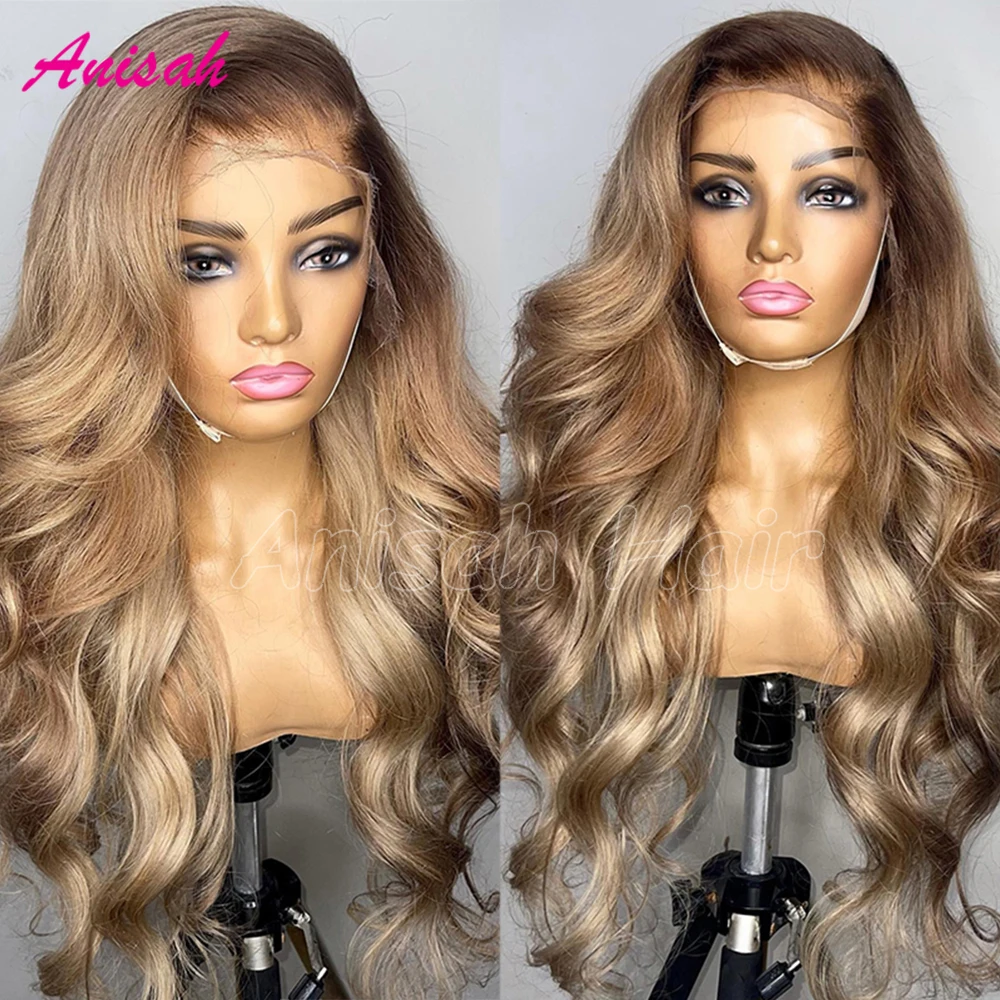 

Remy Virgin Hair Highlight Lace Front Wig Human Hair Colored Wavy Ombre Ash Blonde Brown Swiss Lace Frontal Human Hair Wigs