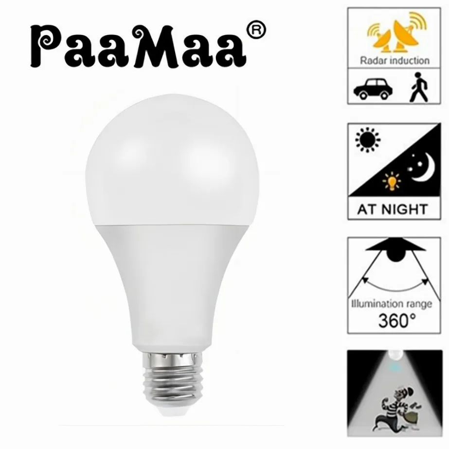 

PaaMaa 5W 7W 9W 12W 15W E27 LED Radar Bulb 85-265V PIR Motion Sensor Courtyard Street White Light Plastic-Coated Smart Lamp Bulb