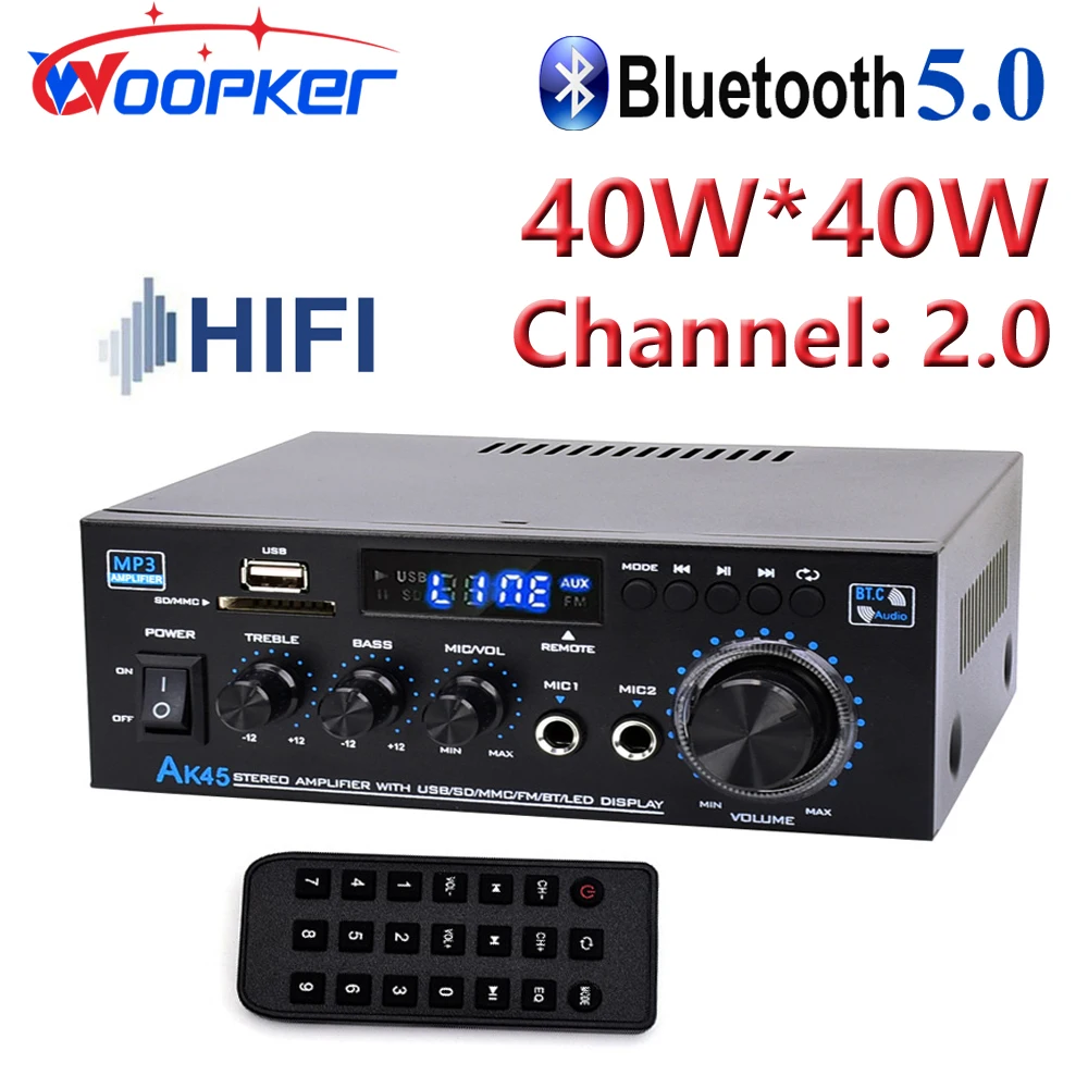 Woopker Amplifier AK45 HiFi Digital Amplifier Max Power 90Wx2 Channel 2.0 Bluetooth Surround Sound AMP Speaker for Home Car
Woopker Amplifier AK45 HiFi Digital Amplifier Max Power 90Wx2 Channel 2.0 Bluetooth Surround Sound AMP Speaker for Home Car