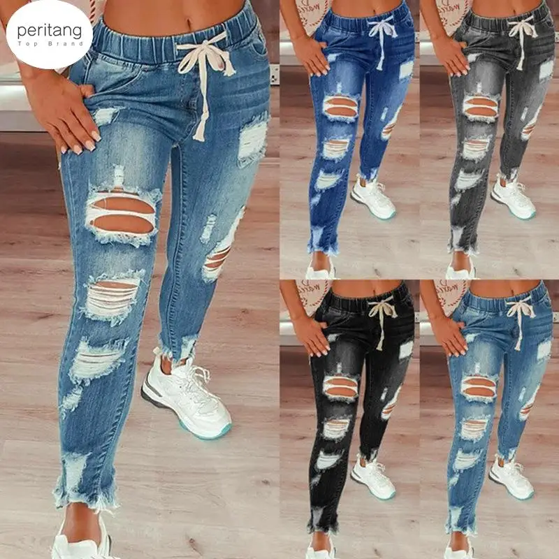 

Женские джинсы, коллекция 2024 года, эластичные рваные джинсовые брюки-карандаш полной длины с завышенной талией и завязками