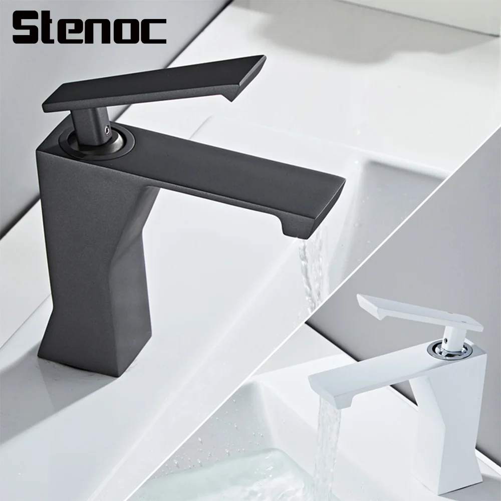 

Creative Brass Bathroom Basin Faucets Cold Hot Warer Mixer Square Waterfall Faucet Grey Bath Sink Taps Black White Deck Mounted