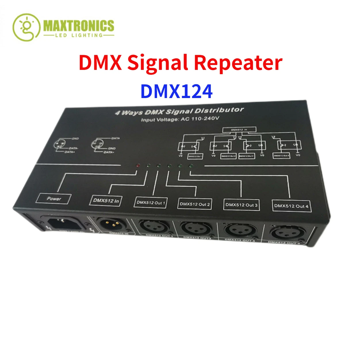 

DMX Signal Repeater DMX124 DMX512 Amplifier Splitter AC100V-240V Input 4CH 4 Output Ports DMX Signal Distributor for LED Lamps