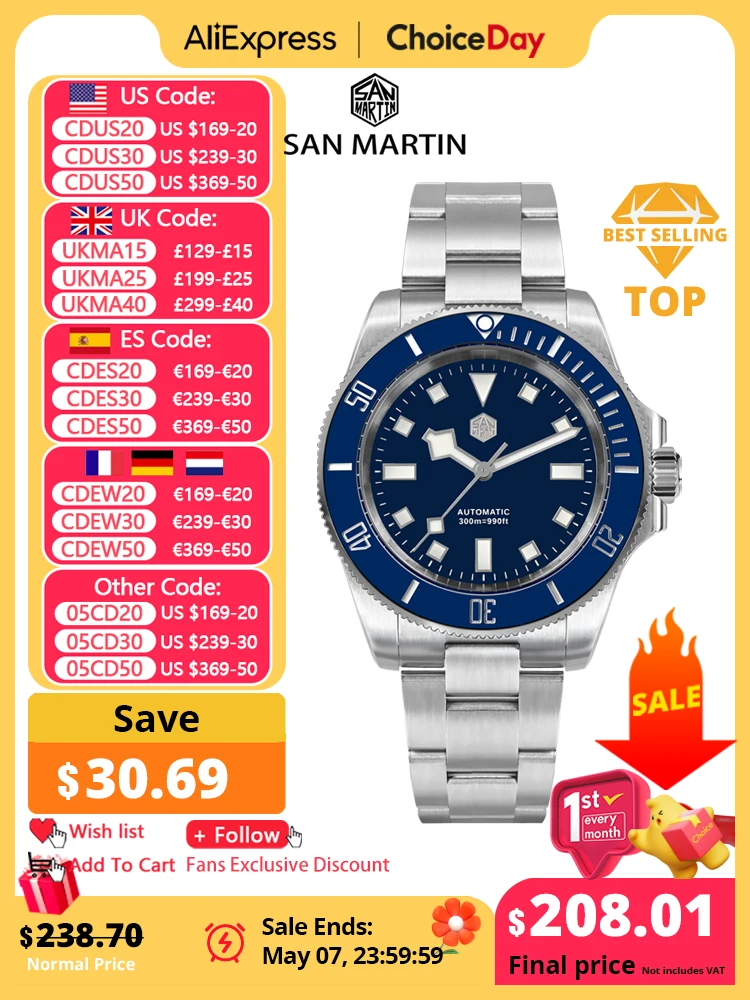 

San Martin 2023 New Stainless Steel Men Diver Watch NH35 Automatic Mechanical Classic Snowflake Hands Sapphire Waterproof 300m
