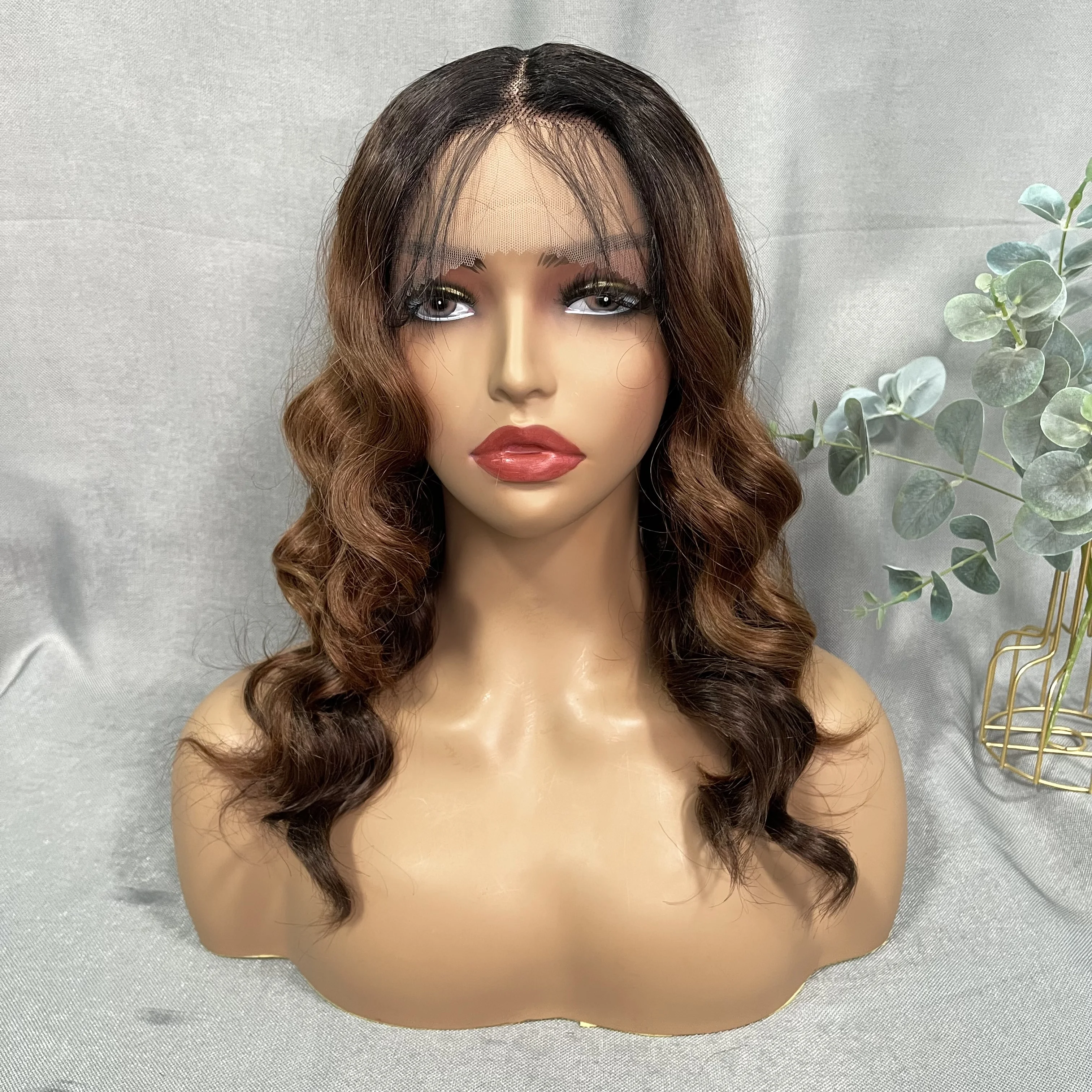 

X-TRESS Natural Synthetic Middle Part Wig Short Body Wave Black Ombre Brown Transparent Lace Front Wig for Black Women Daily Use