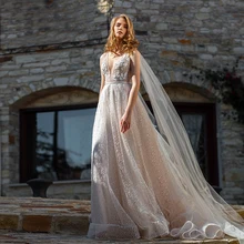 Boho Champagne Wedding Dress Cap Sleeves Floor Length A Line Bohemian Bridal Gown Sweep Train With Cape Sexy V Neck Robe Mariee 
Boho Champagne Wedding Dress Cap Sleeves Floor Length A Line Bohemian Bridal Gown Sweep Train With Cape Sexy V Neck Robe Mariee