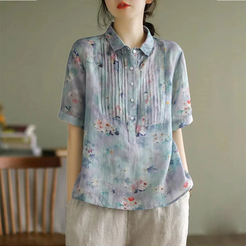 2022 Summer New Arts Style Women Turn-down Collar Short Sleeve Casual Shirts Vintage Print Cotton Linen Loose Blouse Tops C293
2022 Summer New Arts Style Women Turn-down Collar Short Sleeve Casual Shirts Vintage Print Cotton Linen Loose Blouse Tops C293