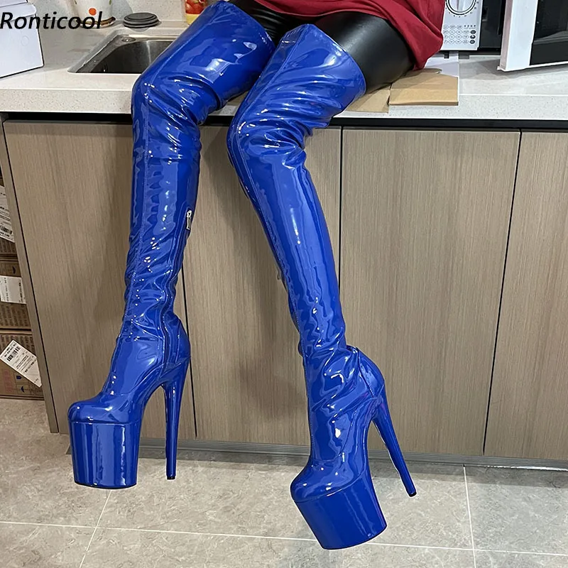 

Ronticool New Women Spring Platform Thigh Boots Sexy Stiletto High Heels Round Toe Blue Cosplay Shoes Ladies Us Plus Size 6-12