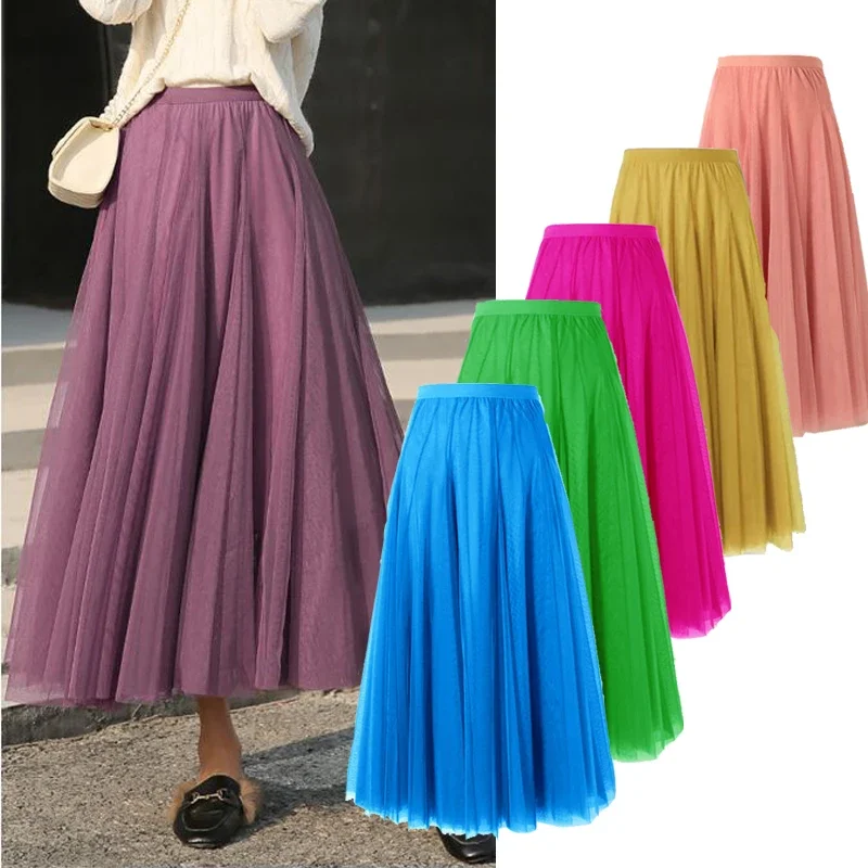 

Autumn Candy Fluffy Gauze Long Skirt Solid Sweet Swing Big Flared Maxi Long Tulle Skirt Pink Green Blue Burgundy Purple