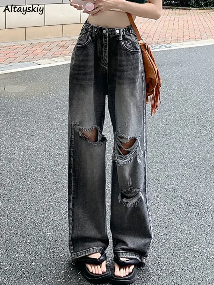 

Женские рваные винтажные джинсы S-5XL, широкие брюки в уличном стиле с дырками, универсальные брюки с высокой талией, простые шикарные Мешковатые повседневные Популярные Ulzzang