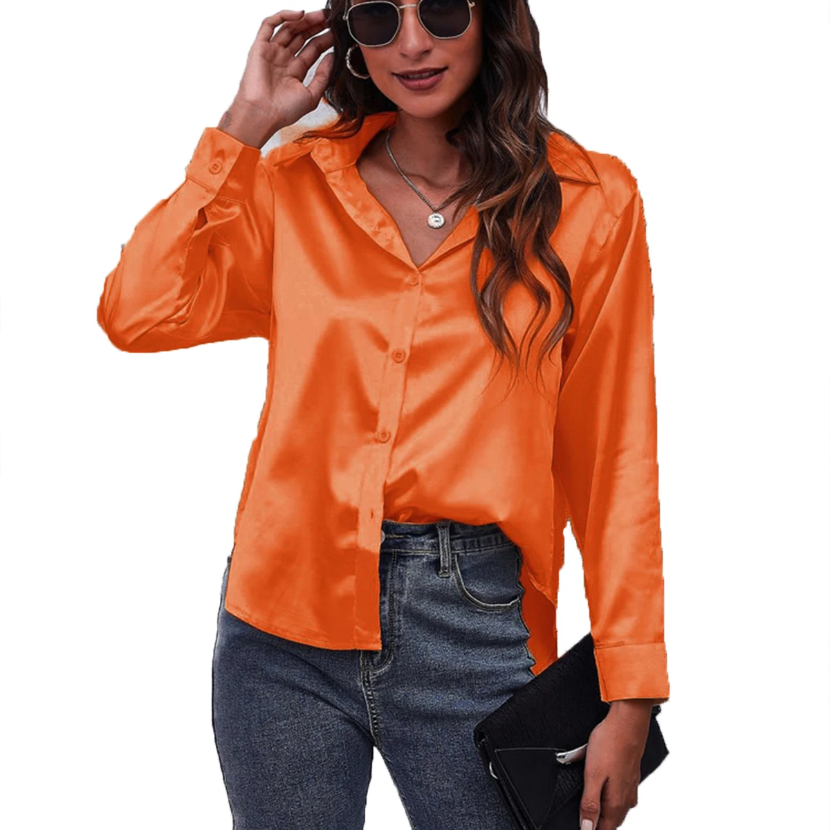 

Oversize Silk Women Shirts Solid Plain Orange Green White Black Red Blue Pink Gold Silver Purple Blouses Gift Tops Barry Wang