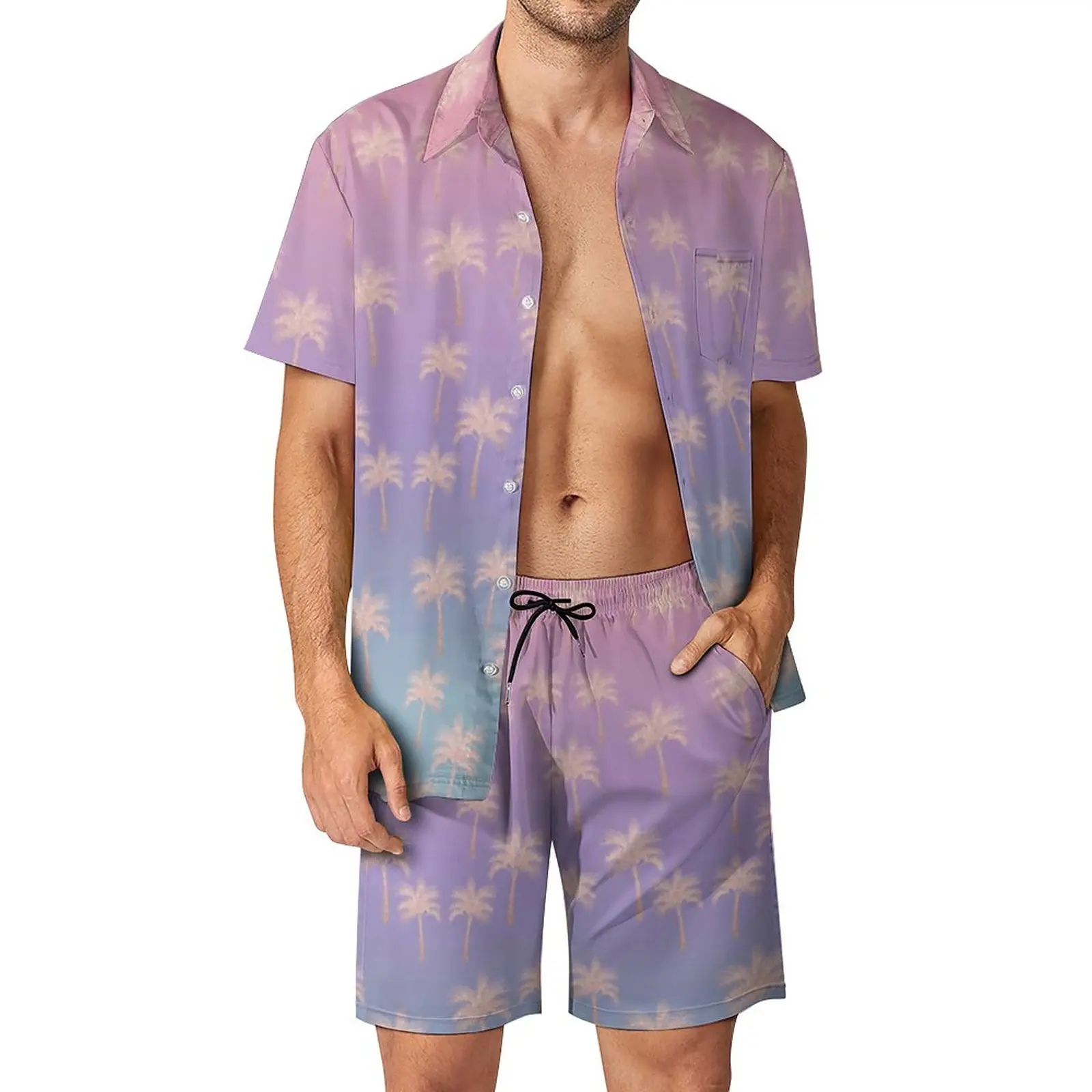 

Elegant Beach Men Sets Gradient Palm Print Hawaiian Casual Shirt Set Short-Sleeve Design Shorts Fitness Outdoor Suit Plus Size