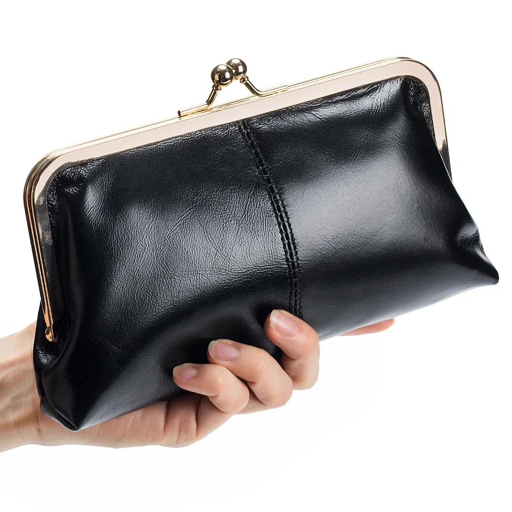 

Fashion Wallets for Women Luxury Brand Metal Frame Female Clutch Bag with Zipper Kiss Lock Closure Genuine Leather Long Wallet