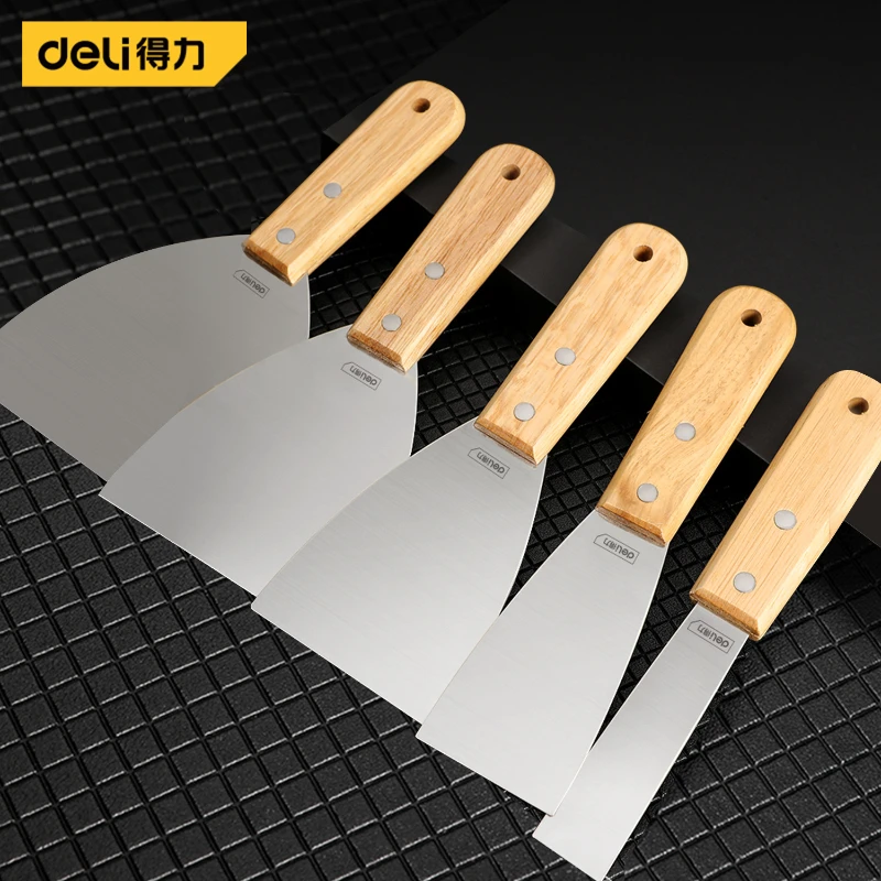 

DELI 2PCS Putty Knife with Wood Handle Stainless Steel Scraper Blade Cleaning Shovel Knife Putty Spatula Mud Construction Tool