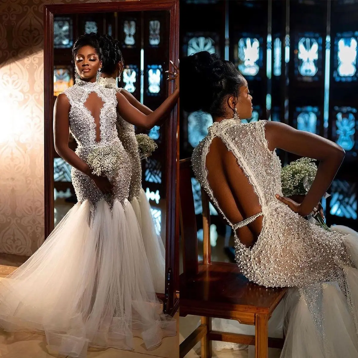 Charming High Neck Illusion Lace Pearls Bodice Mermaid Wedding Dresses Vestido Sweep Train Open Back Sleeveless Bridal Gowns
Charming High Neck Illusion Lace Pearls Bodice Mermaid Wedding Dresses Vestido Sweep Train Open Back Sleeveless Bridal Gowns