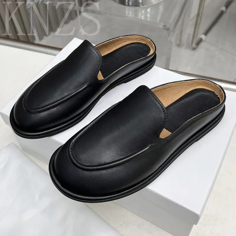 

Summer New Round Toe Classical Loafers For Women Genuine Leather Soft Comfortable Slip On Lazy Mules Flat Casual Slippers 2024