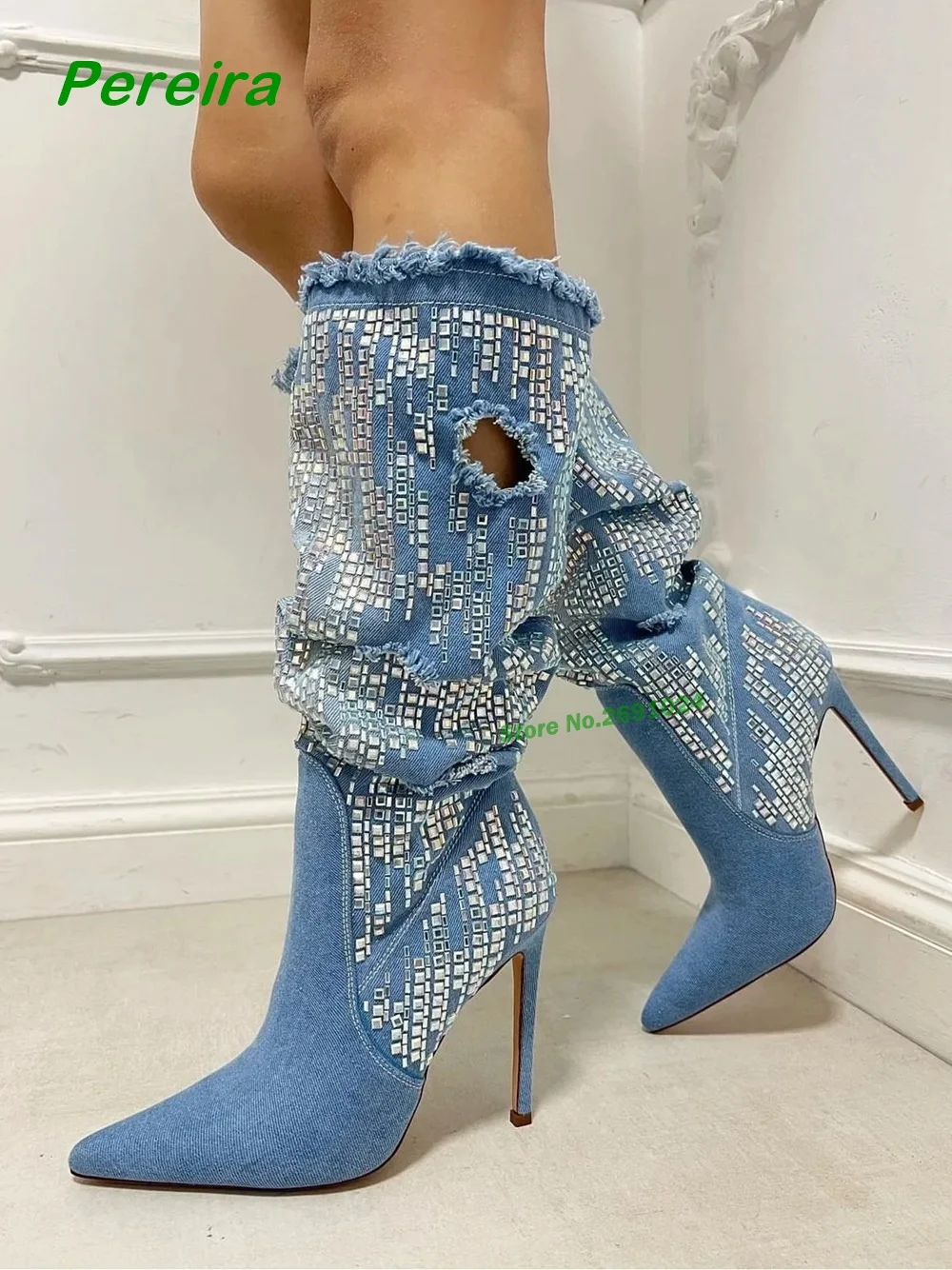 

Denim Hole Rhinestones Boots Pointy Toe Stiletto Heels Slip On Crystal Bling Women's Knee High Boots Runway Party Shoes Sexy