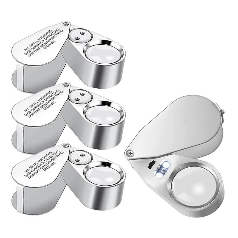 4 Pcs 40X Full Metal Illuminated Jewelers Magnifying Glasses With LED UV Light For Detect Coin Rock Jewelry Collecting
4 Pcs 40X Full Metal Illuminated Jewelers Magnifying Glasses With LED UV Light For Detect Coin Rock Jewelry Collecting