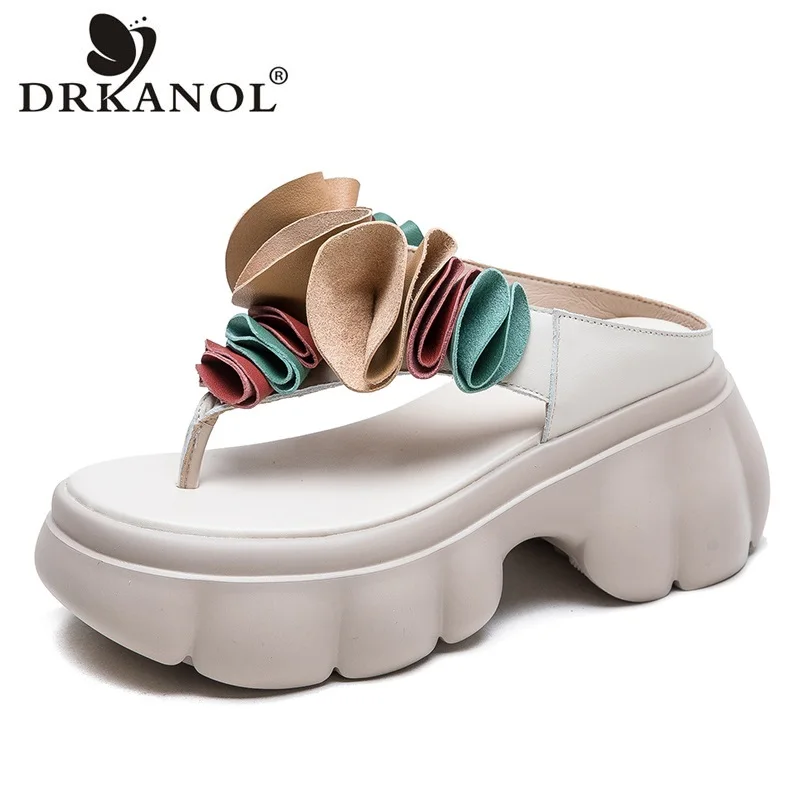 

DRKANOL 2024 National Style Genuine Leather Flowers Slippers Women High Heel Platform Flip Flop Women Height Increasing Slippers