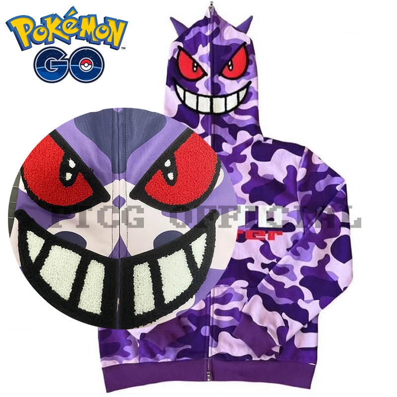 

2023 Pokemon Gengar Purple Camo Anime Loose Zip Hoodie Men Y2K Contrast Print Embroidered Ears Harajuku Oversized Sweatshirt