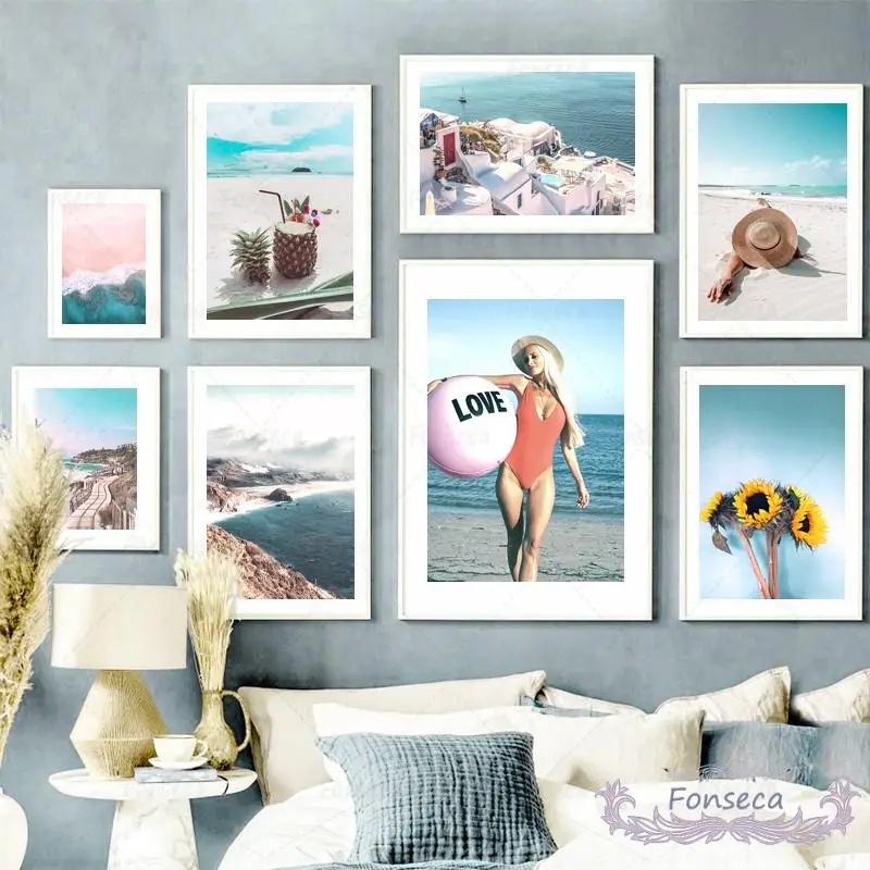 

Beautiful Coastal Scenery Photo Prints Poster Blue Sea Pink Beach Mountain House Canvas Painting Wall Art Picture for Interio