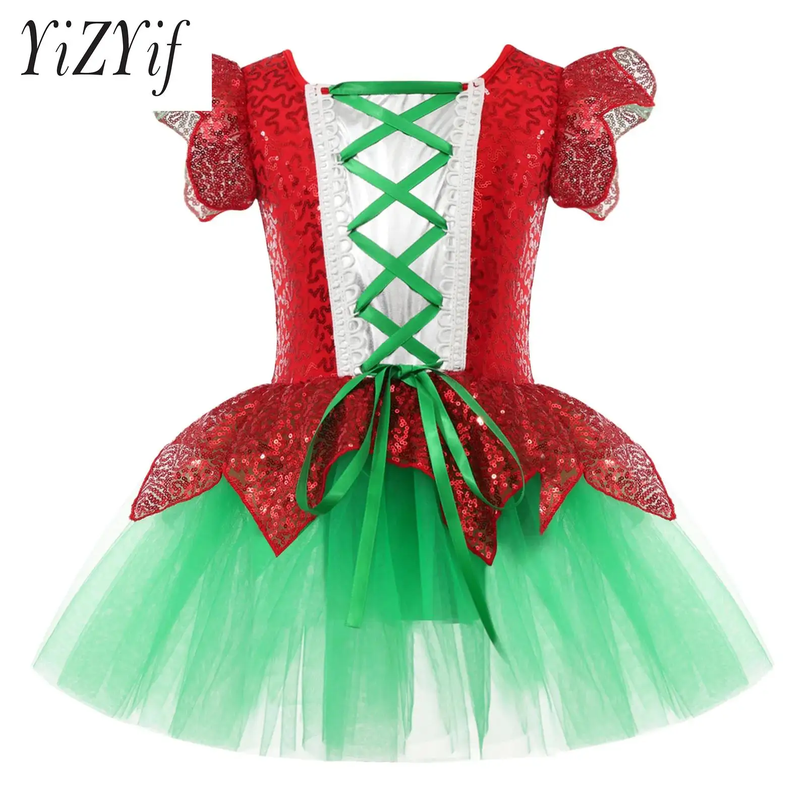 

Kids Girls Christmas Costume Shiny Sequins Tutu Dress Flutter Sleeve Lace-up Bodysuit Dancewear for Xmas Carnvial Performance