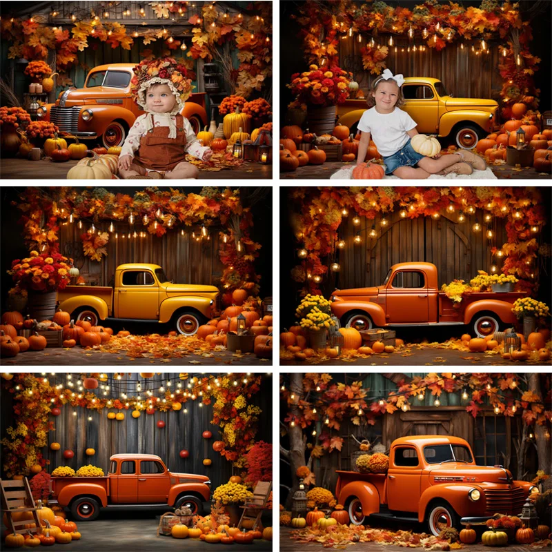 

Autumn Photography Backdrop Kids Aldult Portrait Cake Smash Decor Background Prop Pickup Truck Fall Harvest Pumpkin Photo Studio