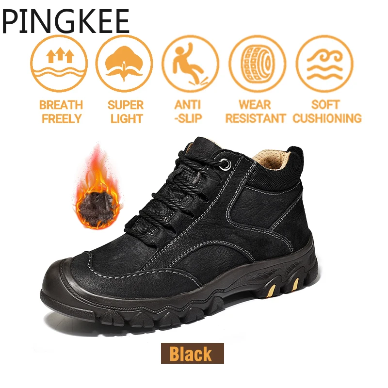 

PINGKEE Nubuck Cow Leather Upper Fur Lining Men Casual Shoes Trekking Backpacking Sneakers For Men's Winter Snow Hiking Boots