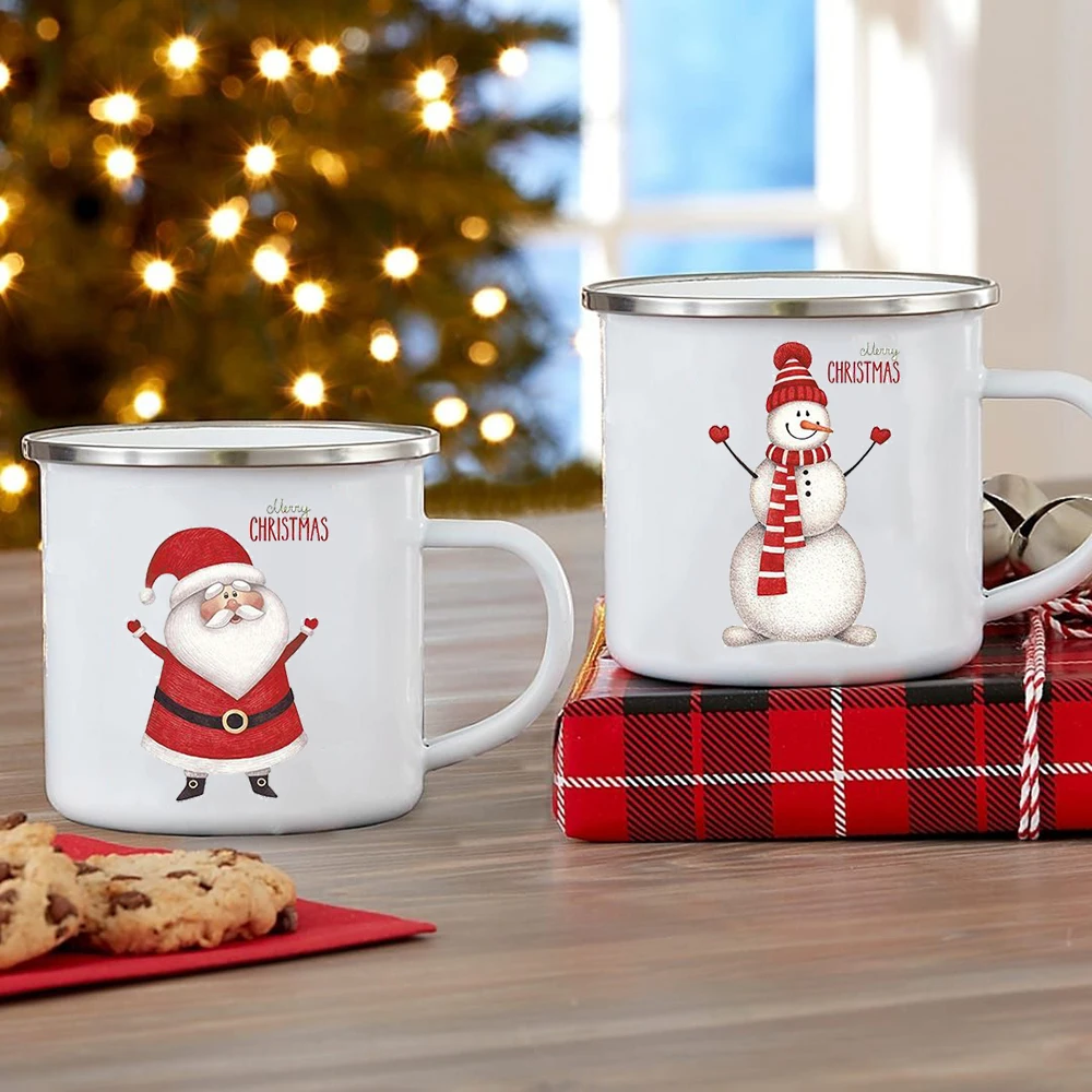 

Кофейные чашки с принтом Санта, снеговик, олень, пингвин, эмалированная чашка для молока, сока, пивная чашка, Счастливого Рождества, кружки для напитков, рождественский подарок