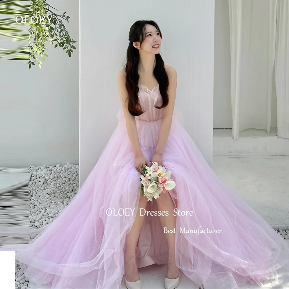 

OLOEY Fairy Pink Tulle Long Prom Dresses Korea Photoshoot Strapless Floor Length Evening Gowns Wedding Photoshoot Corset Back