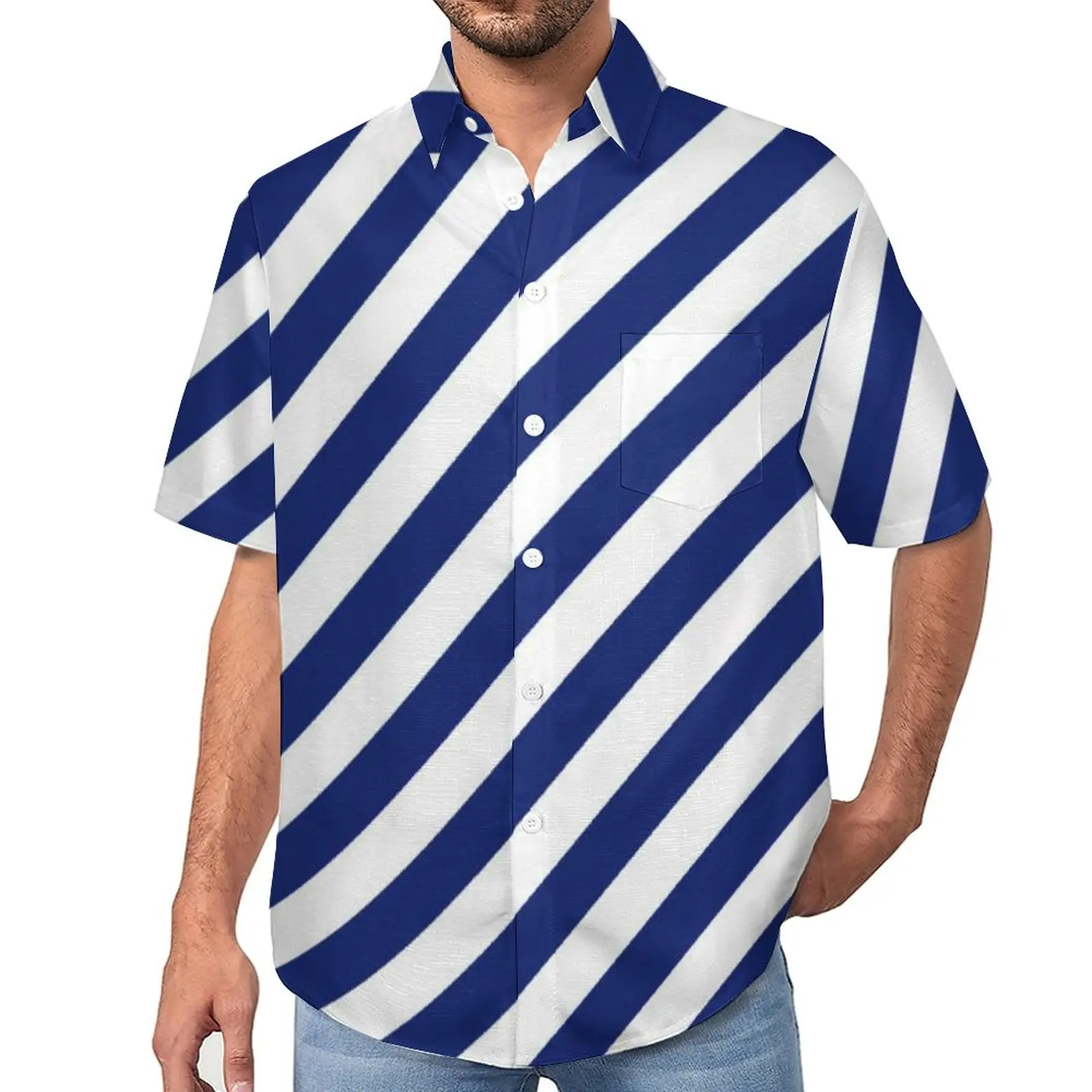 

Navy Blue White Nautical Loose Shirt Man Vacation Diagonal Stripes Casual Shirts Summer Short Sleeve Streetwear Oversize Blouses