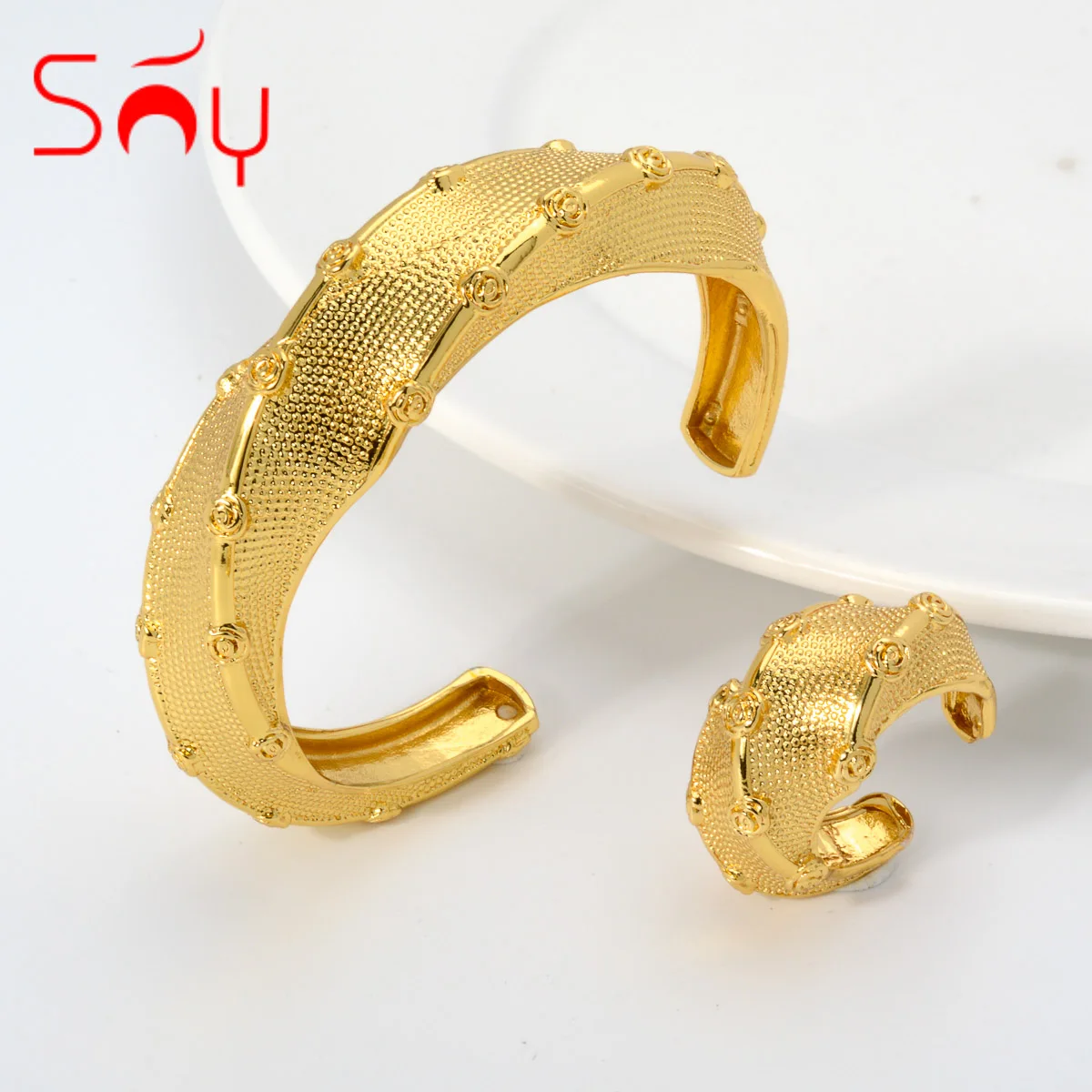 

Sunny Jewelry Sets Fashion Copper Bangle Ring African Exaggerated Cuff Bracelet 18K Gold Plated For Women Gift Party Wedding