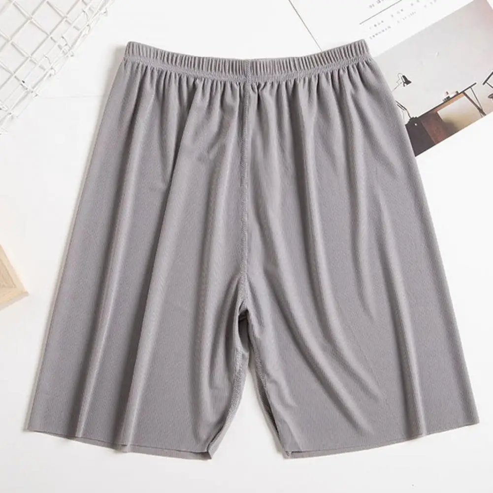 

Mid-rise Elastic Waistband Men Pajama Shorts Ribbed Colorfast Breathable Wide Leg Male Ice Silk Pants Beach Boardshorts Homewear