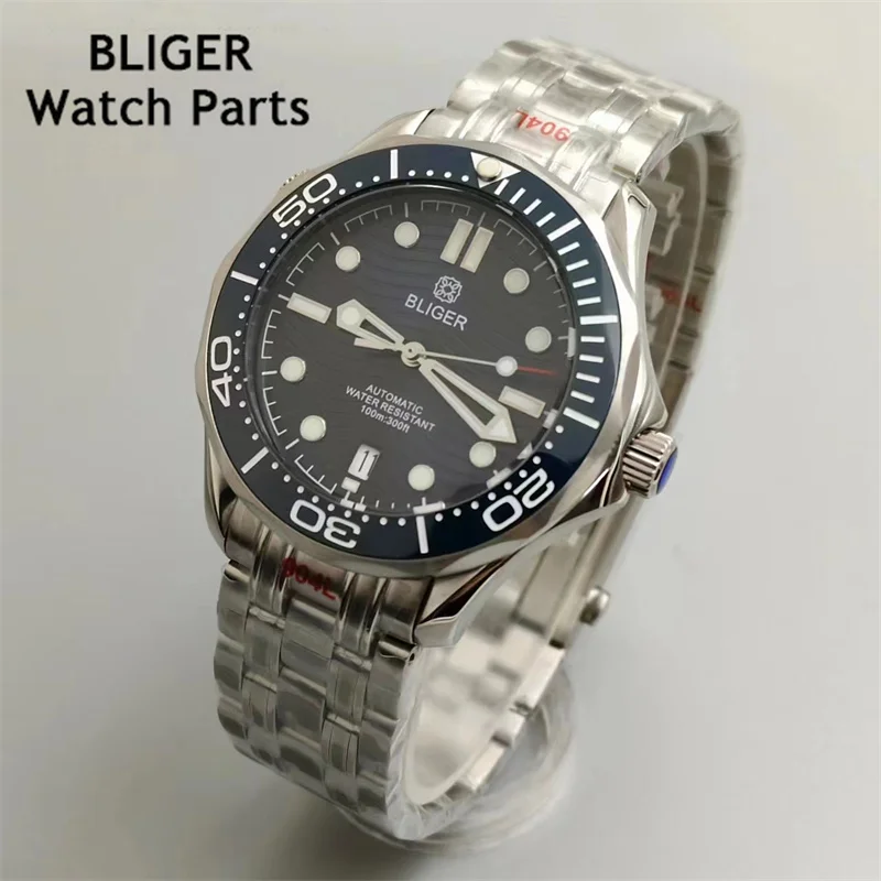 

BLIGER 10ATM Waterproof 41mm Blue green Dial Function NH35 date at 6 o'clock Automatic Watch For Men Bracelet Ceramics Bezel