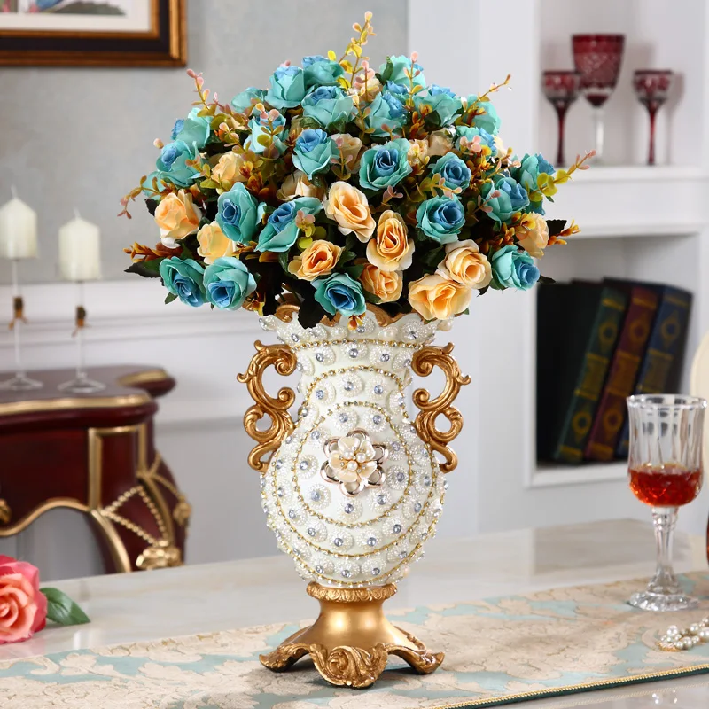 

European Diamond Fruit Plate Vase Fake Flower Resin Ornaments Home Livingroom Figurines Crafts Coffee Table Accessories Decor