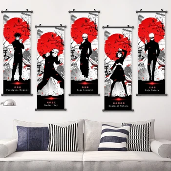 애니메이션 스타일 플라스틱 걸이식 그림, 주술회전 스크롤 그림, 만화 캔버스 포스터 아트, 홈 데코, 1 개 상품 이미지