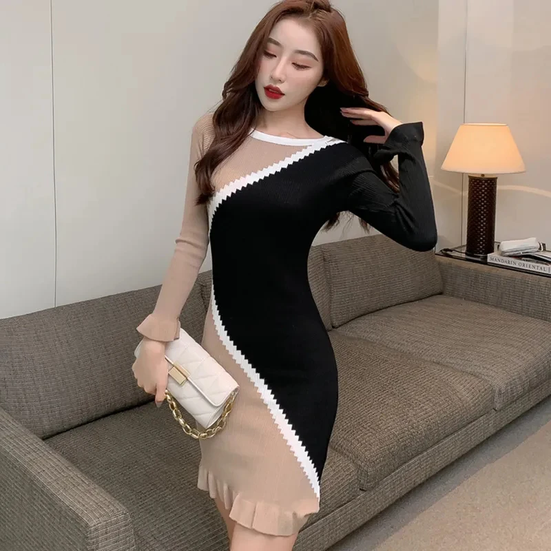 

Korean Contrast Knit Dress for Women 2023 Autumn Winter Ruffles Tight Sweater Primer Dresses Elegant Women's Long Sleeve Dress