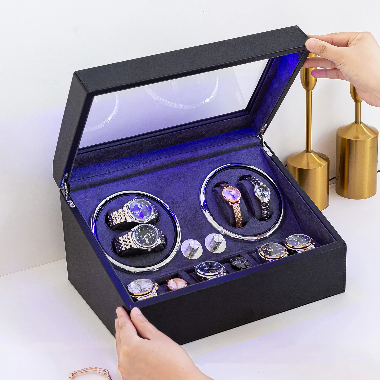 4+6 Luxury Automatic Watch Winder Box with Led Light Electric Watch Winders Mechanical Rotating Watches Storage Box Display Case
4+6 Luxury Automatic Watch Winder Box with Led Light Electric Watch Winders Mechanical Rotating Watches Storage Box Display Case