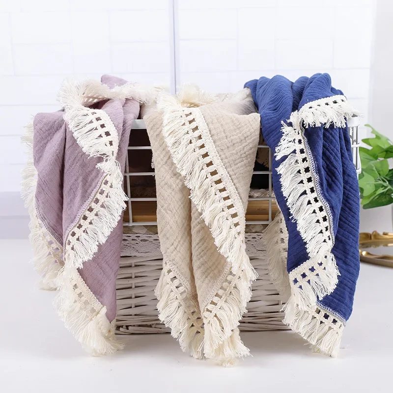 

Cotton Gauze Swaddle Blankets Newborn Baby Lace Tassel Receiving Blanket Wrap Infant Kids Stroller Sleeping Quilt Soft Bed Cover