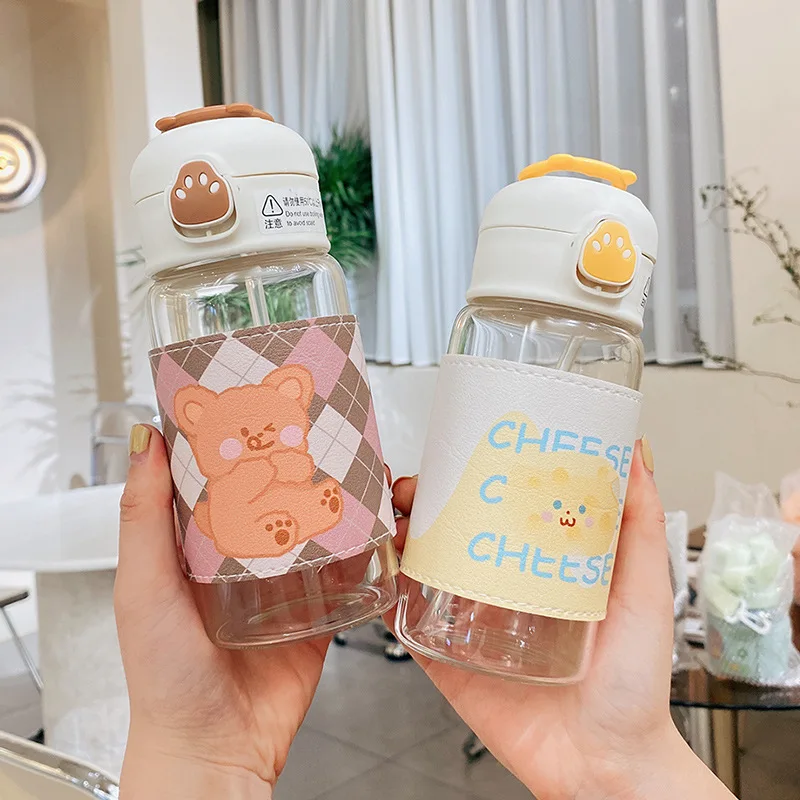 Kawaii Cartoon Glass Water Bottle with Straw 13oz Kawaii Cartoon Glass Water Bottle with Straw 13oz
