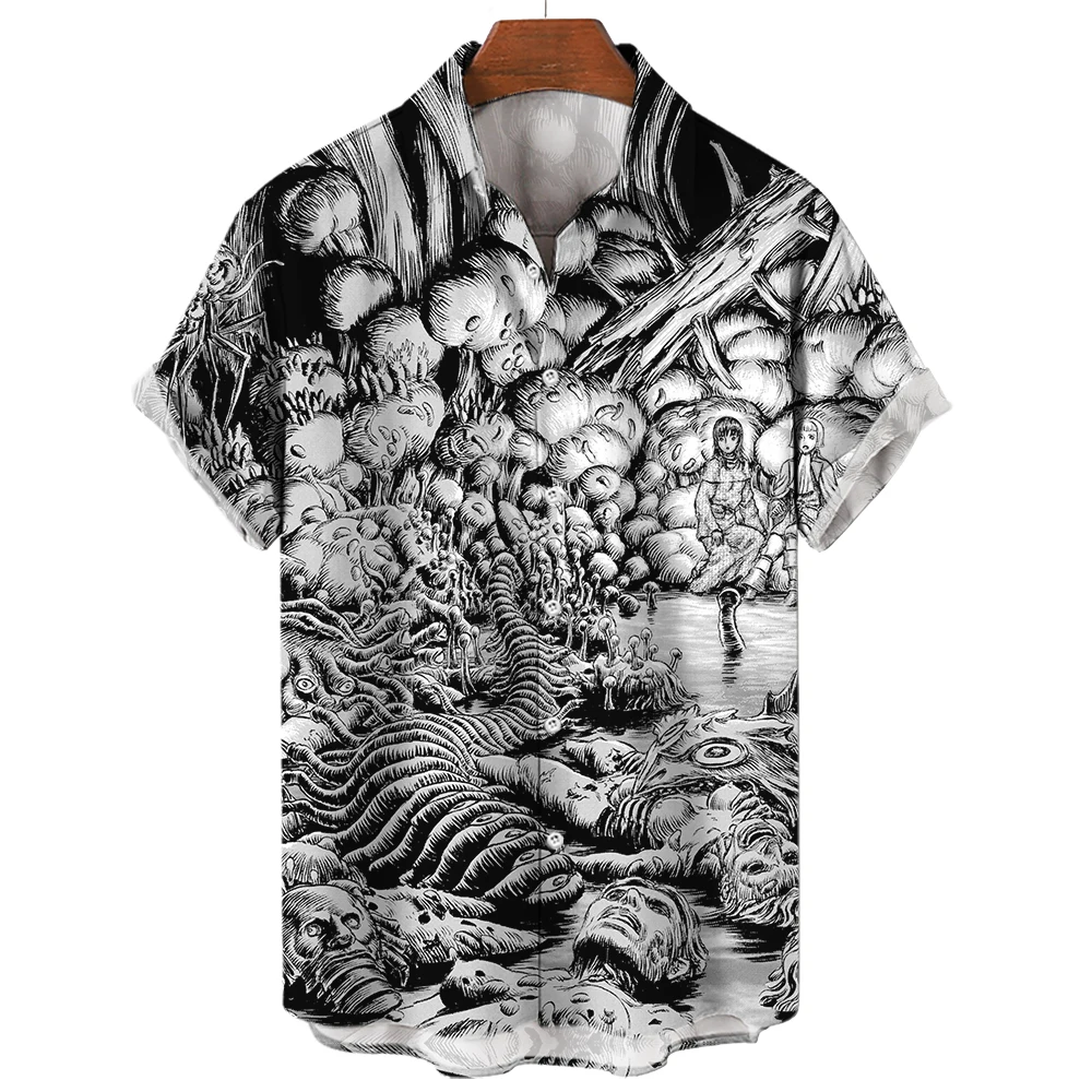 

Men's Hawaiian Shirt Social Short Sleeve 3D Printing New Oversized Horror Pattern Summer Clothes Dazn Male Y2k Harajuku Tops