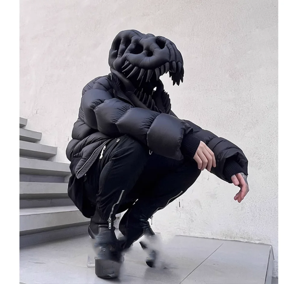 

Winters Rick Men High Street Down Jackets Women Clothing Dinosaur Head Designs Ro Owens Black Thickened Warm Jacket