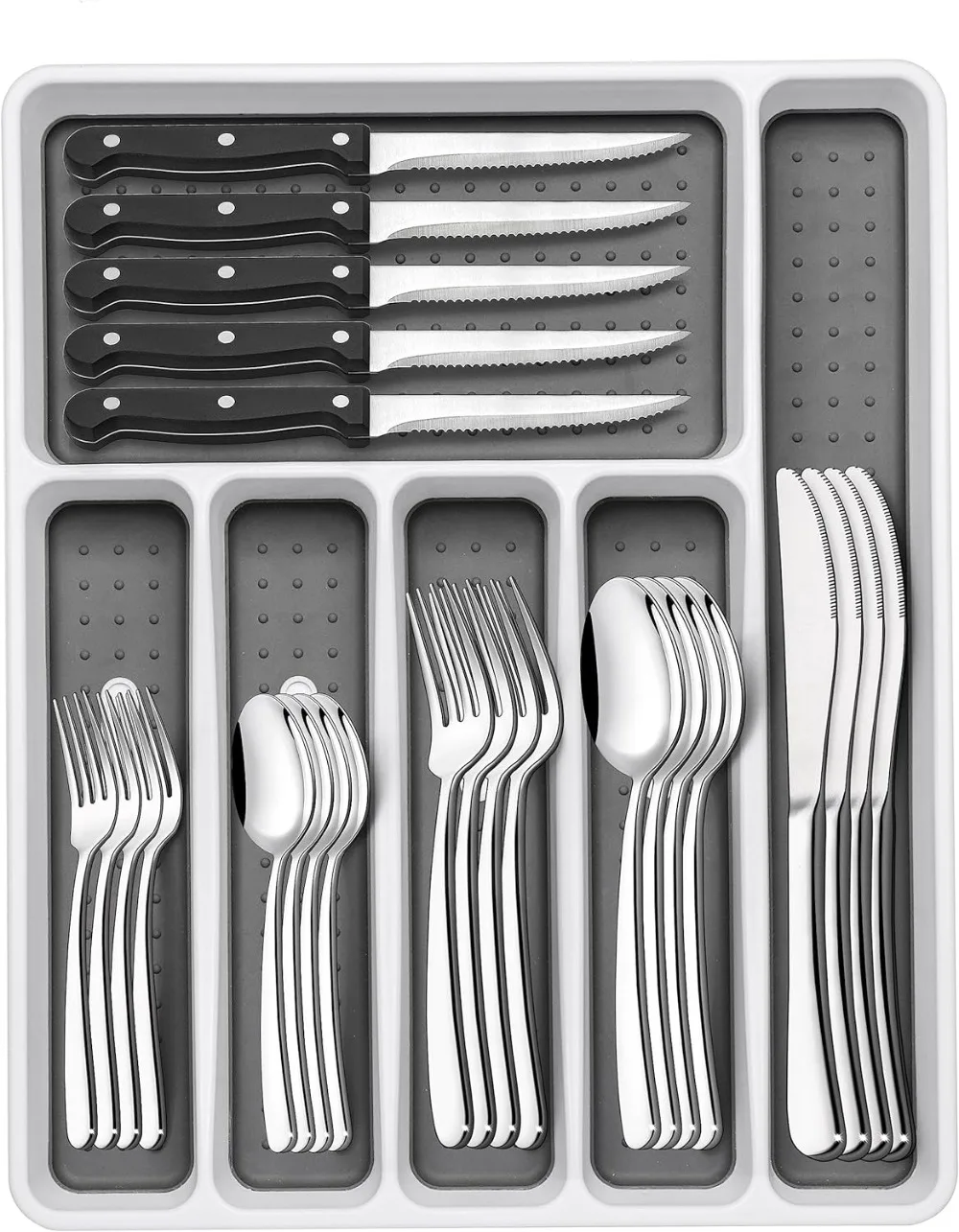 49-Piece Silverware Set with Organizer, Heavy Duty Stainless Steel Flatware for 8, Cutlery Utensil Sets with Steak Knives
49-Piece Silverware Set with Organizer, Heavy Duty Stainless Steel Flatware for 8, Cutlery Utensil Sets with Steak Knives