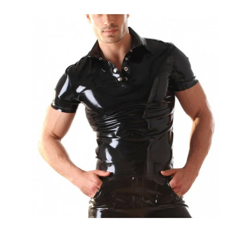 

Latex Rubber Gummi T-Shirt Collar Button Short Sleeves Top Basic Cool Customize .4mm for Men