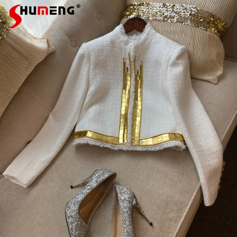 

High-End French Jacket Luxury Gold Sequined Tweed Long Sleeve Short Fashionable Retro Coat White Color Cardigan Jaqueta Feminina